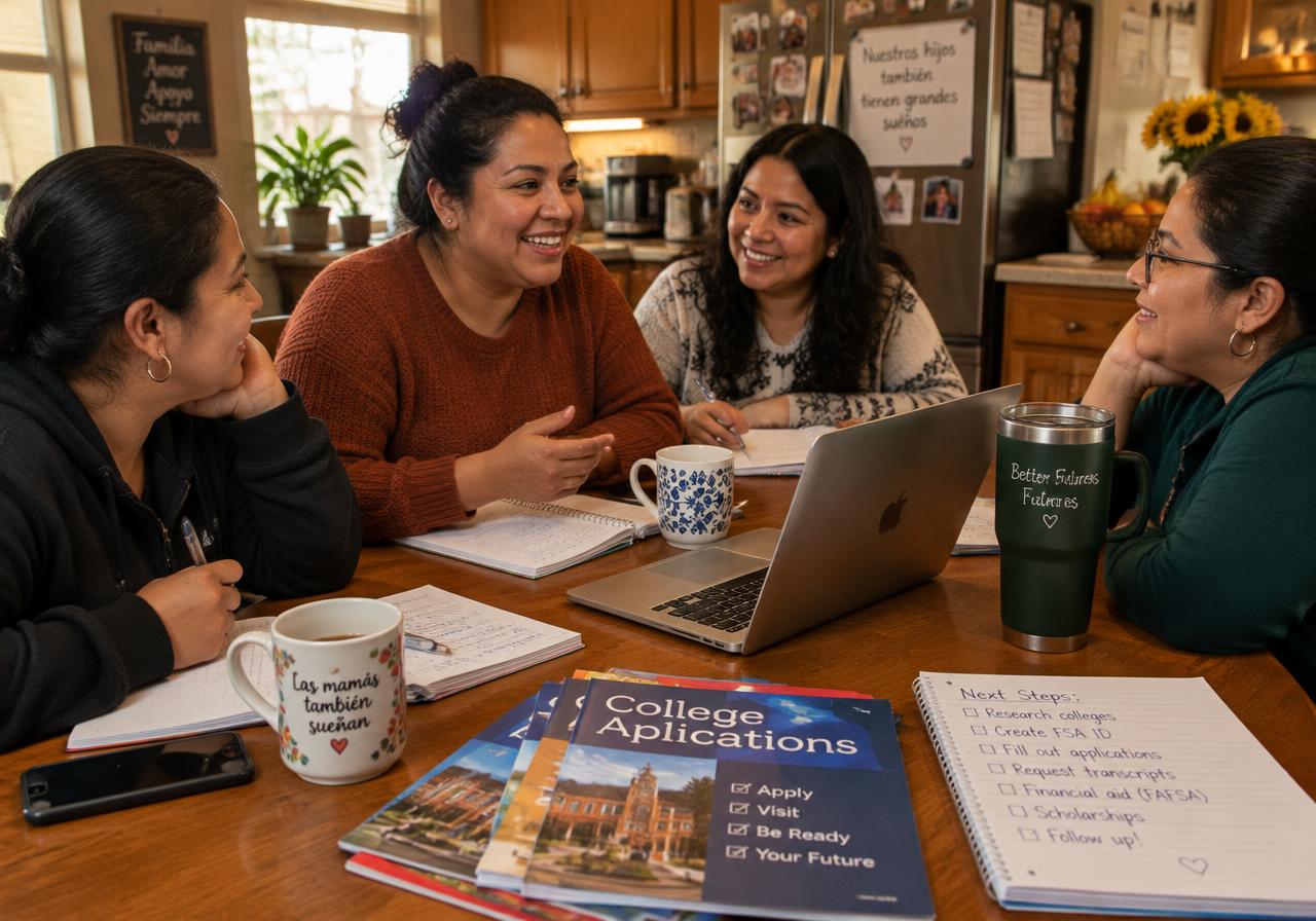 Mamás reunidas aprendiendo sobre la universidad / Moms learning about college together